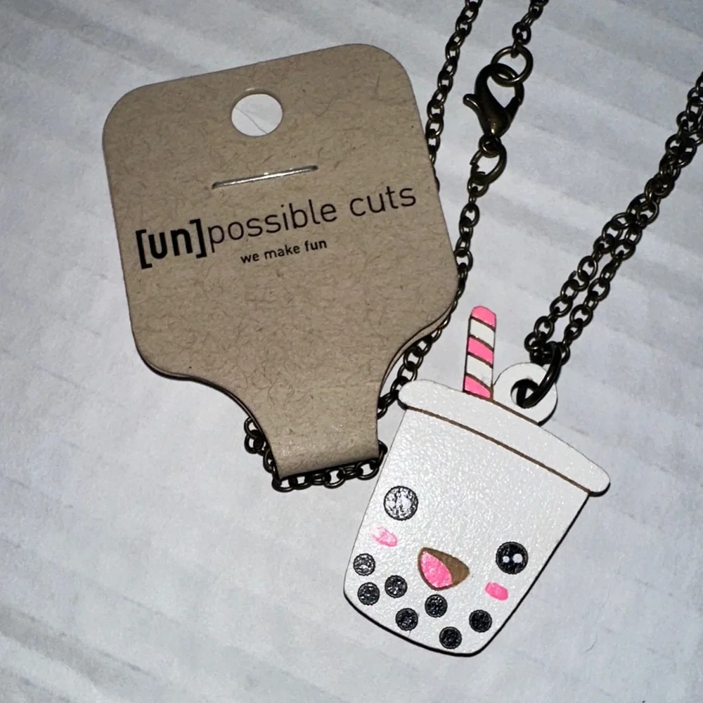 Boba Tea Necklace - White‎ and Pink Hand cut wood